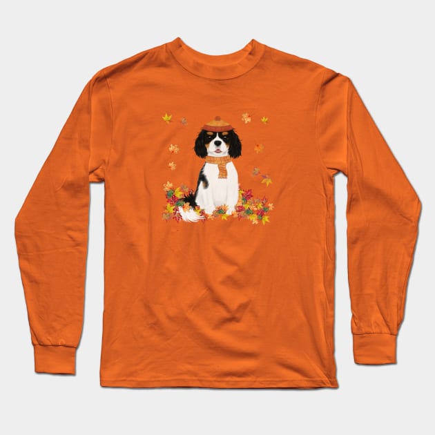 Tri Cavalier in Fall Leave, Tri Colored Cavalier King Charles Spaniel Long Sleeve T-Shirt by Cavalier Gifts